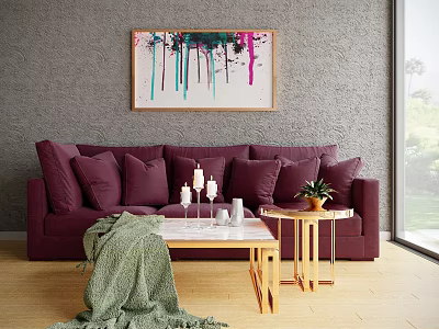 Cozy Living Room Interior With Gray Walls Purple Sofa Colorful Painting And Wooden Coffee Table 3d model