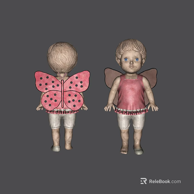 Cute Toy Doll With Pink Butterfly Wings Pink Top White Shorts And Blue Eyes 3d model 