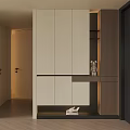 Modern Shoe Cabinet with Sleek Design Light and Dark Panels Open Shelves and Decorative Figurine