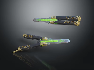Double Butterfly Knife Weapon With Black Gold Accents And Green Glowing Blade Design 3d model