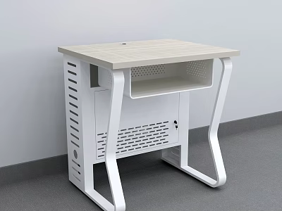 Modern Office Desk With Light Wooden Top And White Perforated Metal Frame 3d model