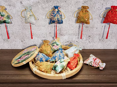 Traditional Decorative Sachet Ornament Set With Hanging Wall Decor Bamboo Basket And Colorful Tassels 3d model