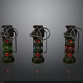 Three Colorful Grenades With Green Blue Red Circular Patterns And Metal Design