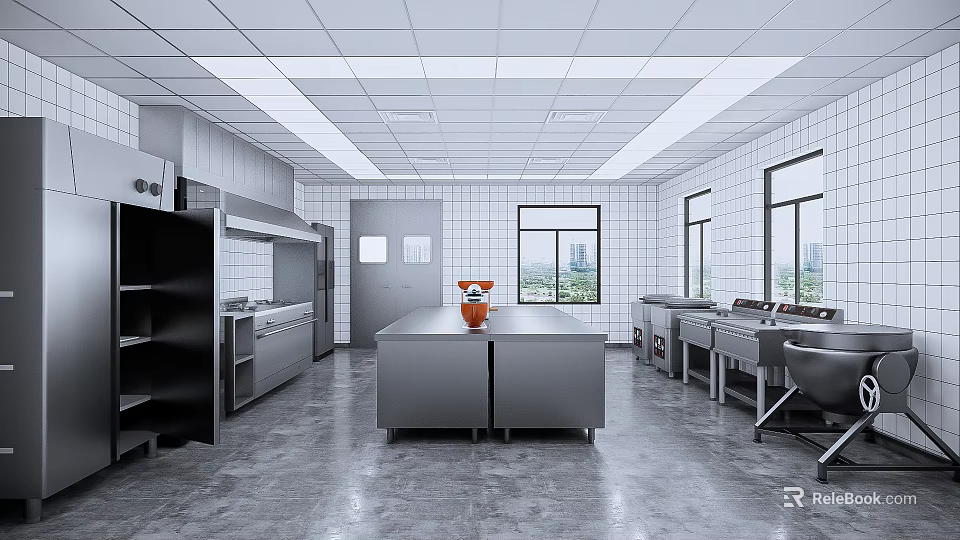 Modern Commercial Kitchen Interior Design With Island Counter Stainless Steel Equipment And Cabinets 3d model 