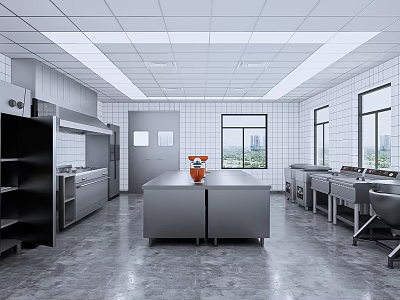 Modern Commercial Kitchen Interior Design With Island Counter Stainless Steel Equipment And Cabinets 3d model