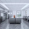 Modern Commercial Kitchen Interior Design With Island Counter Stainless Steel Equipment And Cabinets