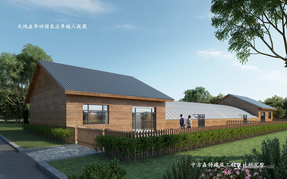 Eco Friendly Rural Self Built Home With Wooden Structure Gray Roof And Green Lawn 3d model 