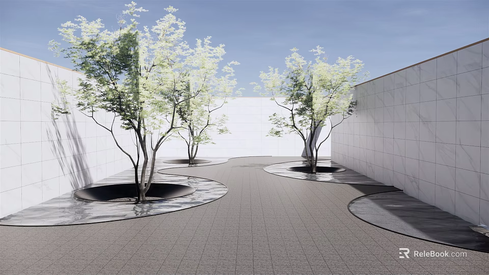 Modern Garden Landscape With Curved Paved Pathway Green Trees And White Walls 3d model 