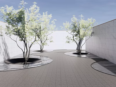Modern Garden Landscape With Curved Paved Pathway Green Trees And White Walls 3d model