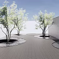 Modern Garden Landscape With Curved Paved Pathway Green Trees And White Walls