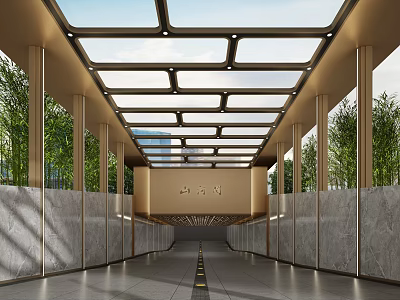 Modern Parking Lot Design With Glass Roof Golden Pillars Green Plants and Marble Walls 3d model