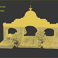 Scenic Archway Entrance With Red Brick Stone Structure Decorative Top Road Trees And Bus