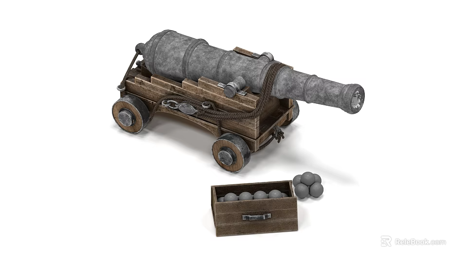 Ancient Cannon on Wooden Carriage with Wheels and Wooden Crate of Cannonballs 3d model 