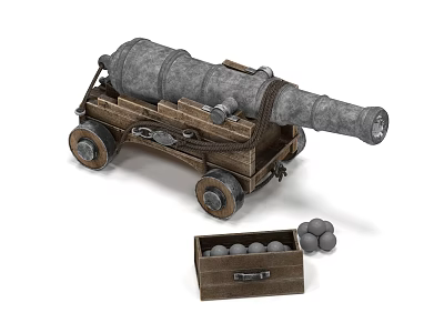 Ancient Cannon on Wooden Carriage with Wheels and Wooden Crate of Cannonballs 3d model