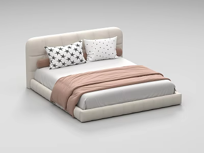 Modern Light Colored Children's Bed with Star Patterned Pillows and Light Brown Blanket 3d model