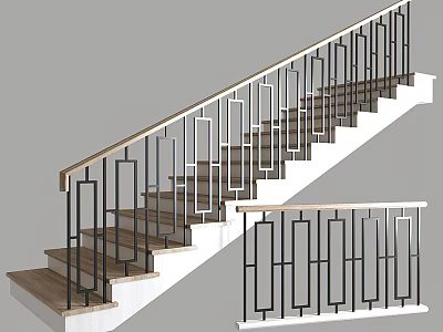 Modern Staircase with Wooden Steps and Black Metal Geometric Railing Design 3d model
