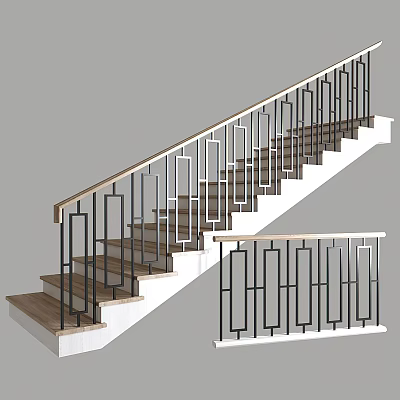 Modern Staircase with Wooden Steps and Black Metal Geometric Railing Design 3d model
