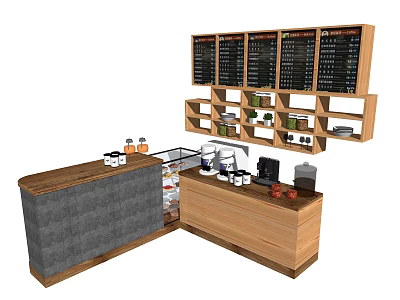 Wooden Reception Counter With Gray Panel Menu Boards Shelves And Coffee Machine 3d model