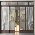Wooden Frame Glass Sliding Doors With Sheer Curtains Decorative Paintings And Potted Plants