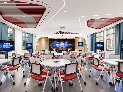 School Modern Classroom Interior With White Tables Red Chairs Digital Screens And Decorative Ceiling 3d model