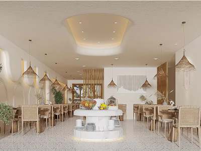 Modern Restaurant Interior Design With Hanging Lamps Dining Tables And Green Plants 3d model