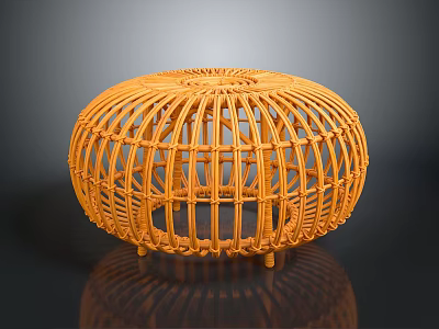 Yellow Rattan Round Decorative Ornament Piece with Hollow Design and Short Legs 3d model