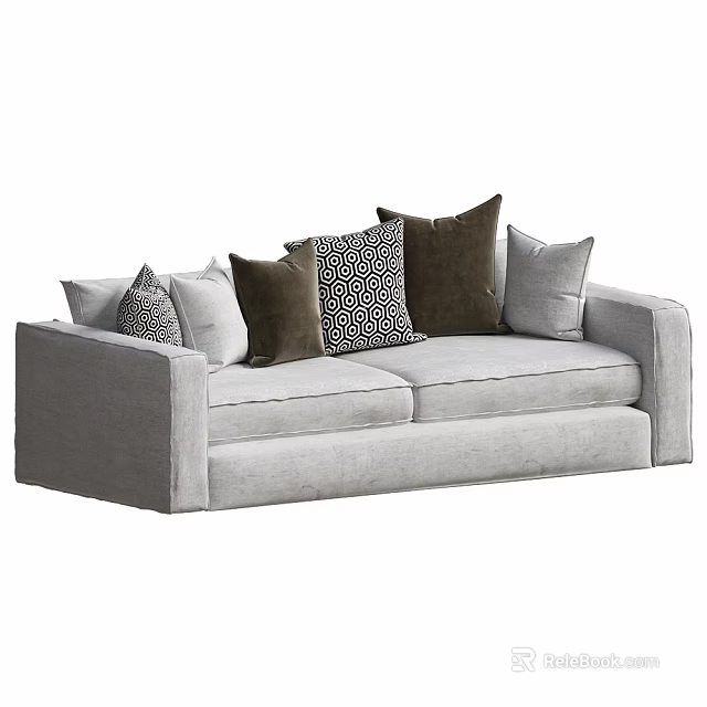 Modern Gray Sofa With Decorative Pillows In Brown And Geometric Patterns 3d model