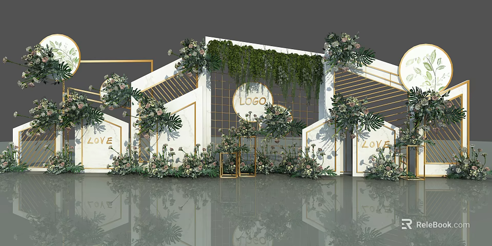 Elegant Modern Floral Installation For Wedding With Geometric Frames Greenery And LOVE Letters 3d model 