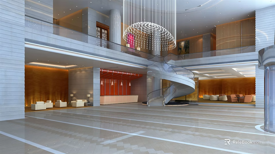 Modern Hotel Lobby With Spiral Staircase Chandelier Reception Desk Sofas And Marble Floor 3d model 