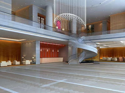 Modern Hotel Lobby With Spiral Staircase Chandelier Reception Desk Sofas And Marble Floor 3d model