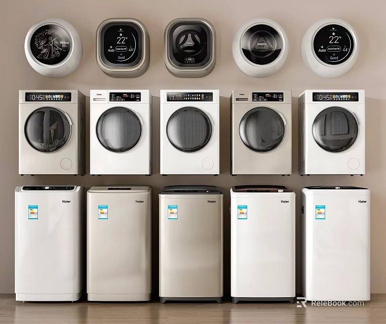 Various Types Of Washing Machines With Control Panels In White Beige Silver Designs 3d model 