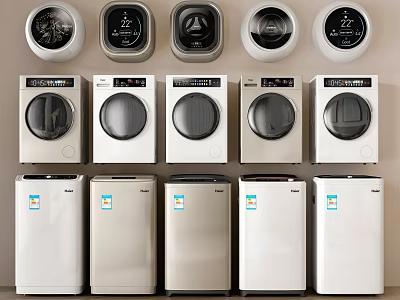 Various Types Of Washing Machines With Control Panels In White Beige Silver Designs 3d model