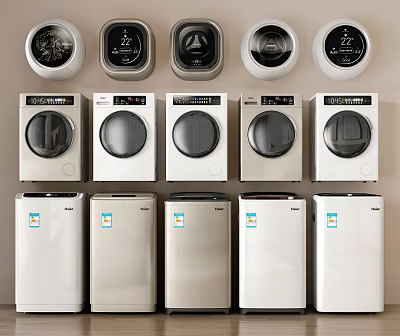Various Types Of Washing Machines With Control Panels In White Beige Silver Designs 3d model