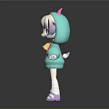 Cute Cartoon Character With Pink Horns Light Green Hoodie Pink Bell Purple Hair Green Eyes