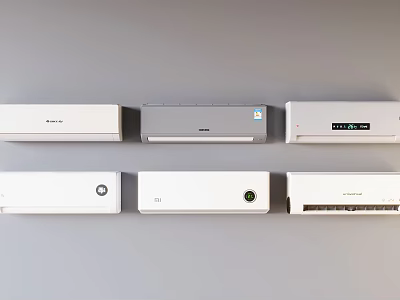 Various Wall Mounted Air Conditioner Fans In White And Gray Displayed On Gray Background 3d model