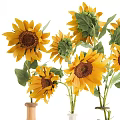 Decorative Ornament Set With Yellow Sunflowers And Brown White Ceramic Vases Small Dot Patterns