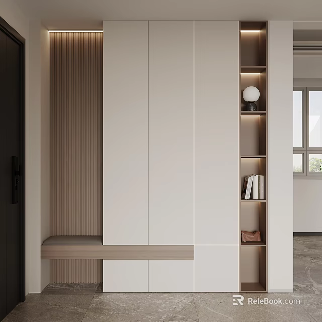 Modern Built in Shoe Cabinet Featuring White Doors Wooden Accents Open Shelves And Lighting 3d model 