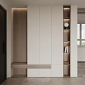 Modern Built in Shoe Cabinet Featuring White Doors Wooden Accents Open Shelves And Lighting