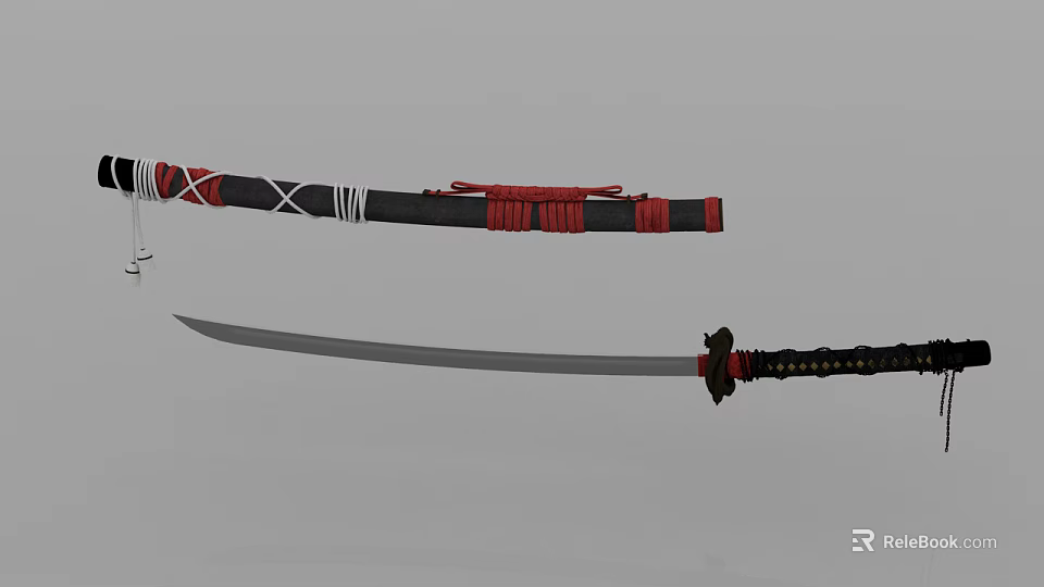 Traditional Japanese Katana Weapon With Black Red Sheath And Sharp Steel Blade Design 3d model 