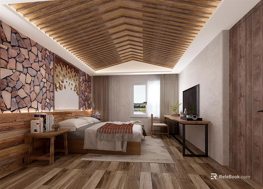 Cozy Hotel Room Interior With Wooden Ceiling Stone Wall Wooden Flooring And Bed 3d model 