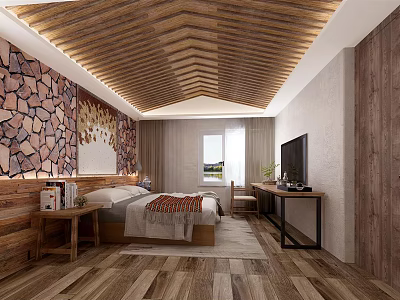 Cozy Hotel Room Interior With Wooden Ceiling Stone Wall Wooden Flooring And Bed 3d model