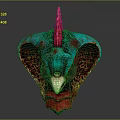 Mythical Creature Head Design With Turquoise Red Spiked Crest Large Ears And Beak