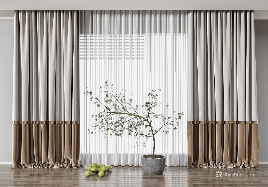 Gray and Brown Curtains Interior with White Sheer and Green Potted Plant 3d model 