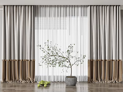 Gray and Brown Curtains Interior with White Sheer and Green Potted Plant 3d model