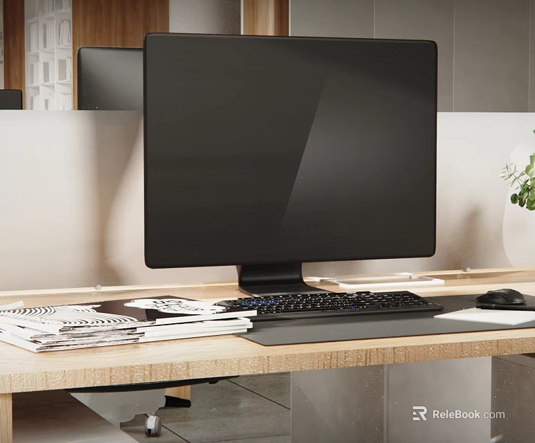Modern Black Computer Monitor With Keyboard And Mouse On Office Desk Setup 3d model 