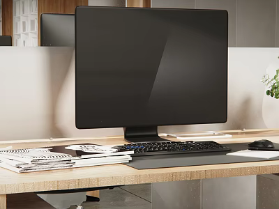 Modern Black Computer Monitor With Keyboard And Mouse On Office Desk Setup 3d model