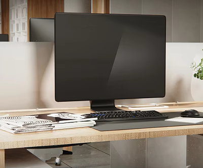 Modern Black Computer Monitor With Keyboard And Mouse On Office Desk Setup 3d model