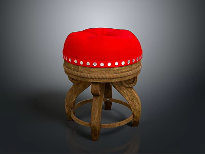 Wooden Stool With Red Padded Seat And White Dot Decoration On The Edge 3d model