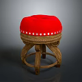 Wooden Stool With Red Padded Seat And White Dot Decoration On The Edge