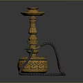 Golden Decorative Hookah with Intricate Carvings Ornate Base and Black Hose